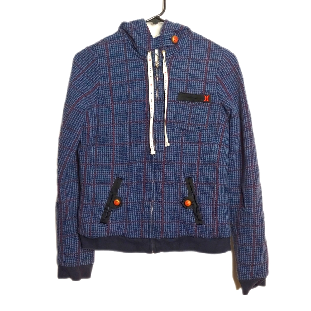 Hurley Women's Blue Red Plaid Thick Casual Winter Zip Up Jacket Size Small